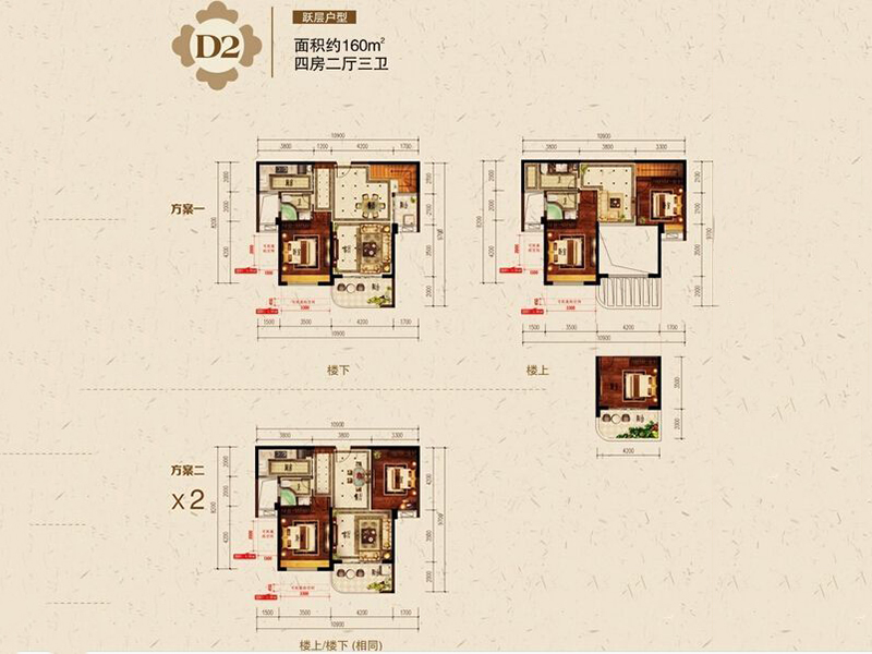 D2户型：四房两厅一厨三卫160m² 