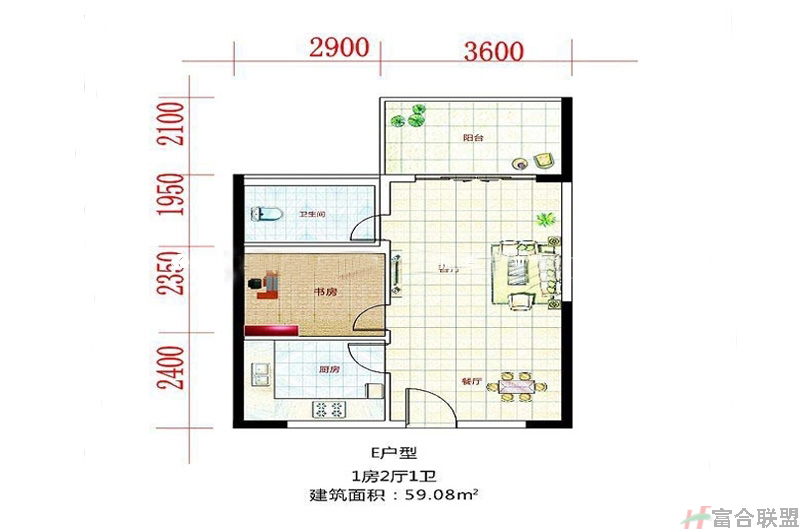 E户型图 1房厅1卫1厨 59 