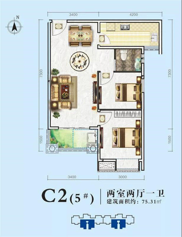 C2户型建面约75㎡ 两房两厅.jpg